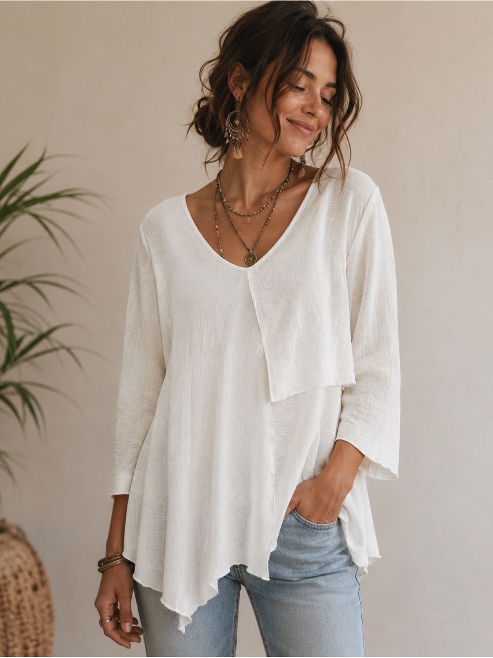 White Asymmetrical Layered Lagenlook Tunic Top